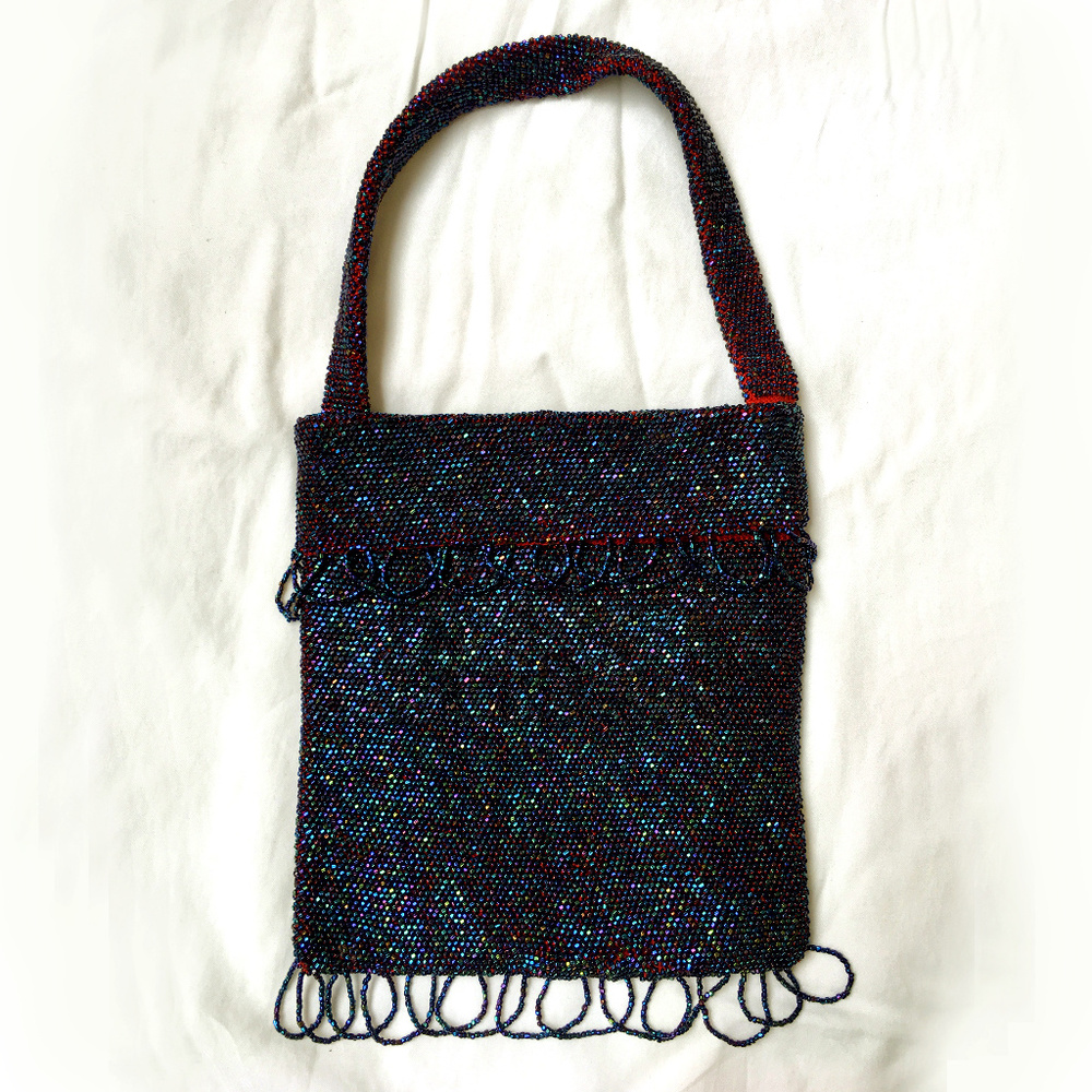 1920s Antique Iridescent Dark Blue Seed Bead Flapper Purse, Costume Accessory